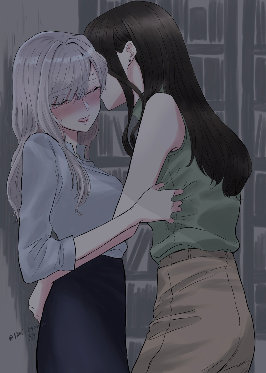 2girls absurdres black_skirt blush brown_hair brown_pants closed_eyes collared_shirt commentary_request cowboy_shot green_shirt grey_hair grey_shirt hands_on_another's_waist highres indoors kiss kissing_cheek long_hair long_sleeves multiple_girls nijisanji office_lady open_mouth pants shirayuki_tomoe shirt shirt_tucked_in skirt sleeveless sleeveless_shirt sukoya_kana sweatdrop twitter_username virtual_youtuber yuri yuri_kyanon