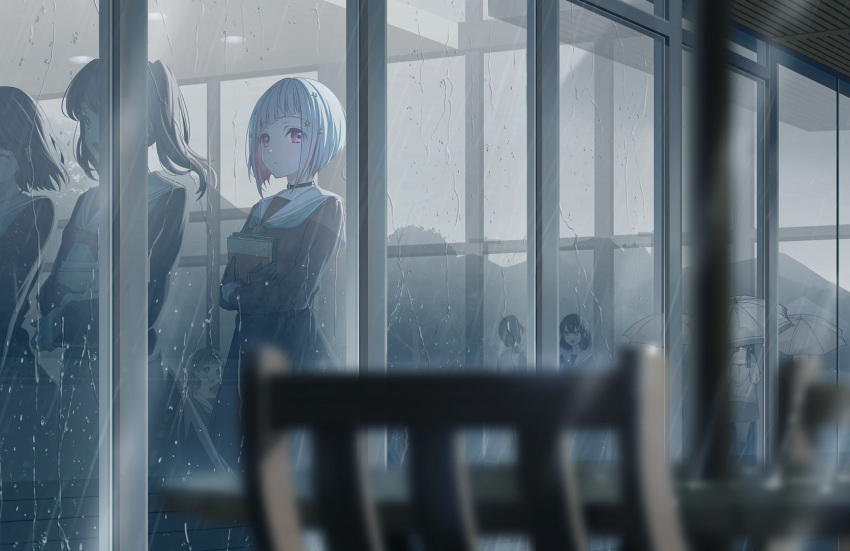 6+girls aqua_neckerchief black_choker black_gloves blue_hair blurry blurry_foreground book brown_cardigan brown_dress brown_hair cardigan choker colored_inner_hair crossed_arms dress expressionless game_cg gloves grey_hair hair_ornament hasu_no_sora_school_uniform highres holding holding_book link!_like!_love_live! long_sleeves looking_to_the_side love_live! low_twintails multicolored_hair multiple_girls murano_sayaka muted_color neckerchief o-ring o-ring_choker official_art pleated_dress rain red_eyes red_hair reflection sailor_collar sailor_dress school_uniform short_hair solo_focus star_(symbol) star_hair_ornament streaked_hair third-party_source twintails white_sailor_collar window winter_uniform yugiri_tsuzuri