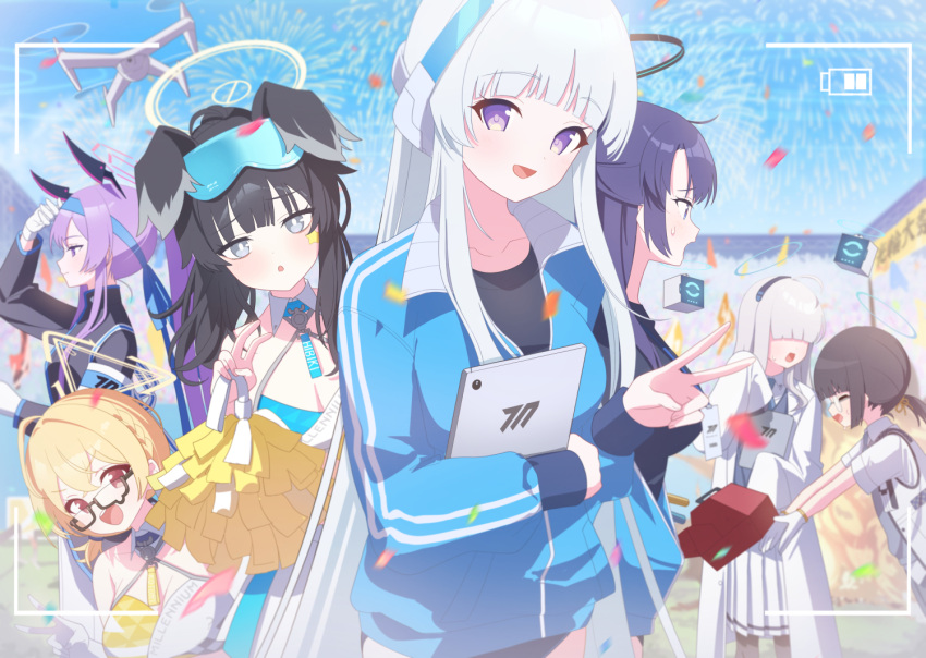 6+girls animal_ears black-framed_eyewear black_hair black_shirt blonde_hair blue_archive blue_jacket blush breasts cheerleader cleavage detached_collar dog_ears glasses grey_hair halo halterneck hibiki_(blue_archive) hibiki_(cheer_squad)_(blue_archive) jacket kaerunrun kotori_(blue_archive) kotori_(cheer_squad)_(blue_archive) long_hair long_sleeves mechanical_halo medium_breasts medium_hair millennium_cheerleader_outfit_(blue_archive) millennium_science_school_student_(blue_archive) millennium_science_school_student_a_(blue_archive) millennium_science_school_student_b_(blue_archive) multiple_girls noa_(blue_archive) official_alternate_costume official_alternate_hairstyle open_mouth parted_lips purple_eyes purple_hair red_eyes safety_glasses shirt short_twintails smile twintails utaha_(blue_archive) utaha_(cheer_squad)_(blue_archive) yellow_halo yuuka_(blue_archive) yuuka_(track)_(blue_archive)