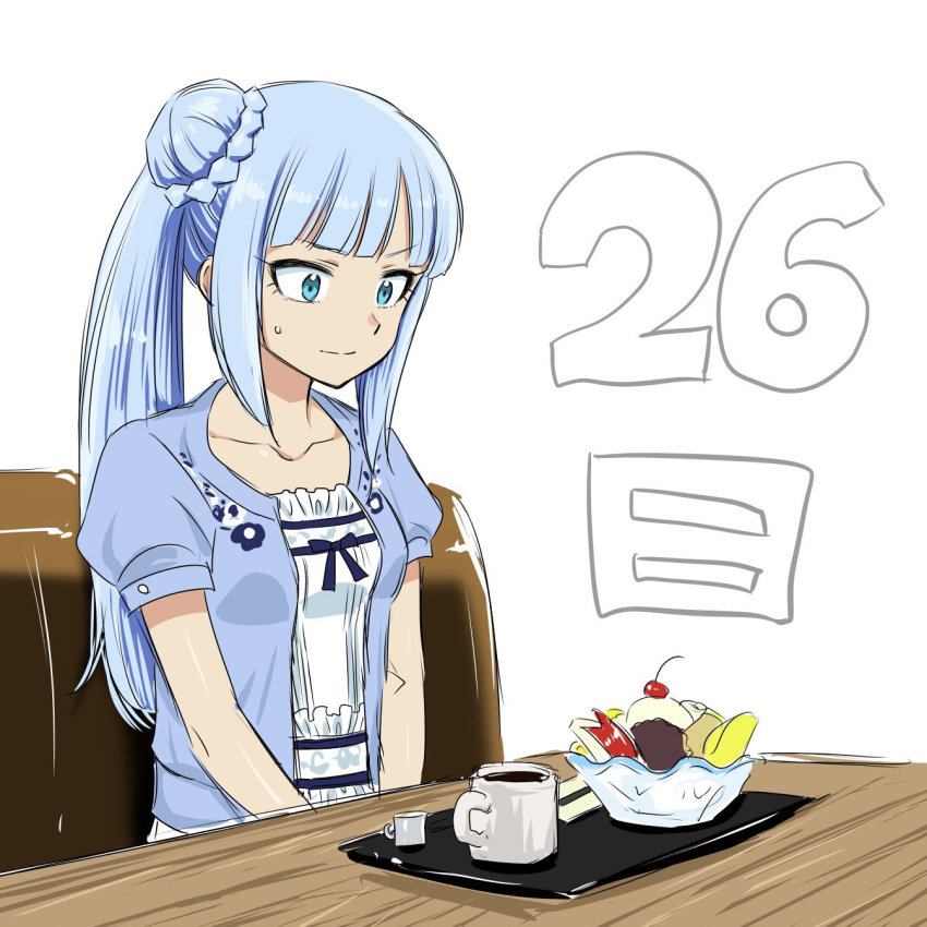1girl anmitsu_(dessert) blue_shirt blunt_bangs chair closed_mouth coffee collarbone dot_nose eyelashes frilled_shirt frills hair_bun highres idolmaster idolmaster_million_live! idolmaster_million_live!_theater_days long_hair matcha_kingyo open_clothes open_shirt parted_bangs plate ribbon shiraishi_tsumugi shirt short_sleeves side_ponytail sidelocks simple_background single_hair_bun solo sweat syrup table upper_body v-shaped_eyebrows v_arms white_background