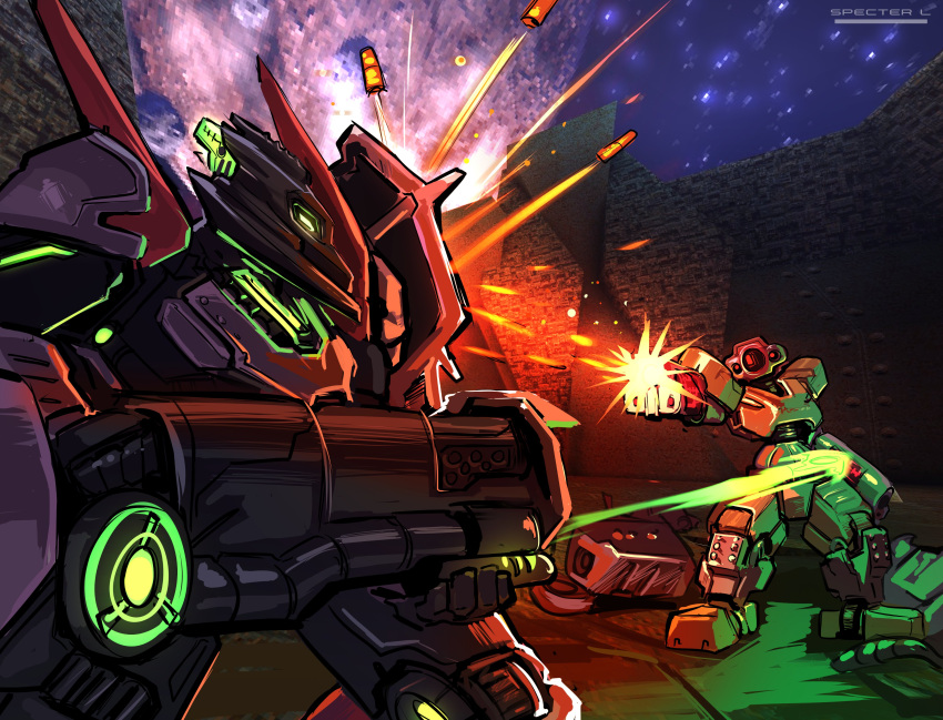 absurdres arm_cannon bionicle bullet crossover firing game_screenshot_background glowing glowing_eye green_eyes highres laser makron_(quake) mecha one-eyed onua_(bionicle) planet quake quake_2 red_eyes robot specter_l the_lego_group weapon