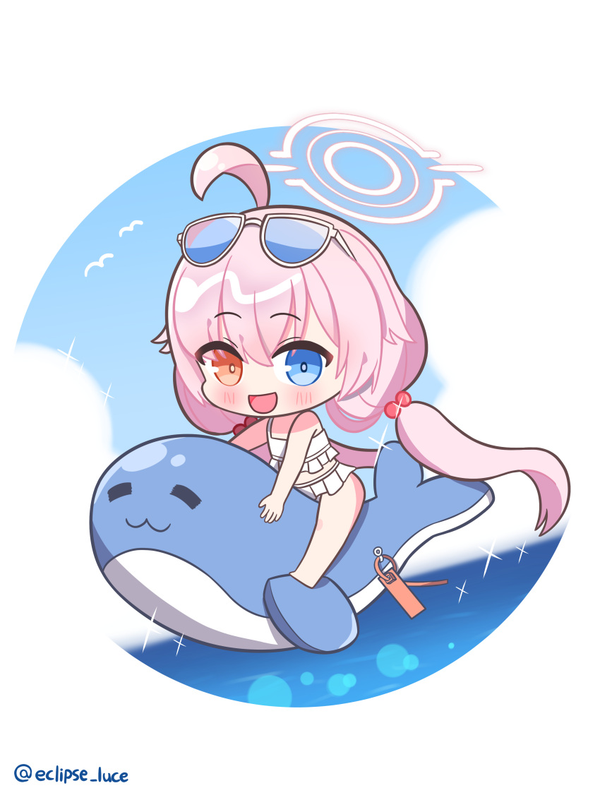 1girl :3 :d =_= absurdres ahoge bikini bird blue-tinted_eyewear blue_archive blue_sky blurry blush chibi circle cloud depth_of_field eyewear_on_head frilled_bikini frills hair_between_eyes hair_bobbles hair_flaps hair_ornament halo heterochromia highres hoshino_(blue_archive) hoshino_(swimsuit)_(blue_archive) inflatable_toy inflatable_whale low_twintails luceee ocean open_mouth pink_hair pink_halo simple_background sky smile solo sparkle swimsuit tinted_eyewear twintails twitter_username white_background white_bikini