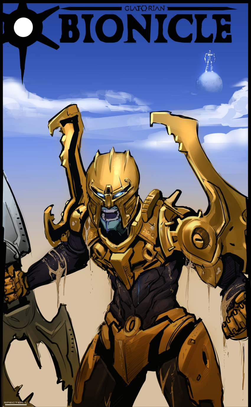 1boy absurdres bionicle blue_eyes blue_skin clenched_hand cloud colored_skin cowboy_shot english_commentary glowing glowing_eyes great_spirit_robot highres holding holding_weapon humanization kanohi_(bionicle) looking_at_viewer male_focus mask mata_nui_(toa)_(bionicle) mecha moon one-punch_man open_mouth robot sky specter_l the_lego_group weapon
