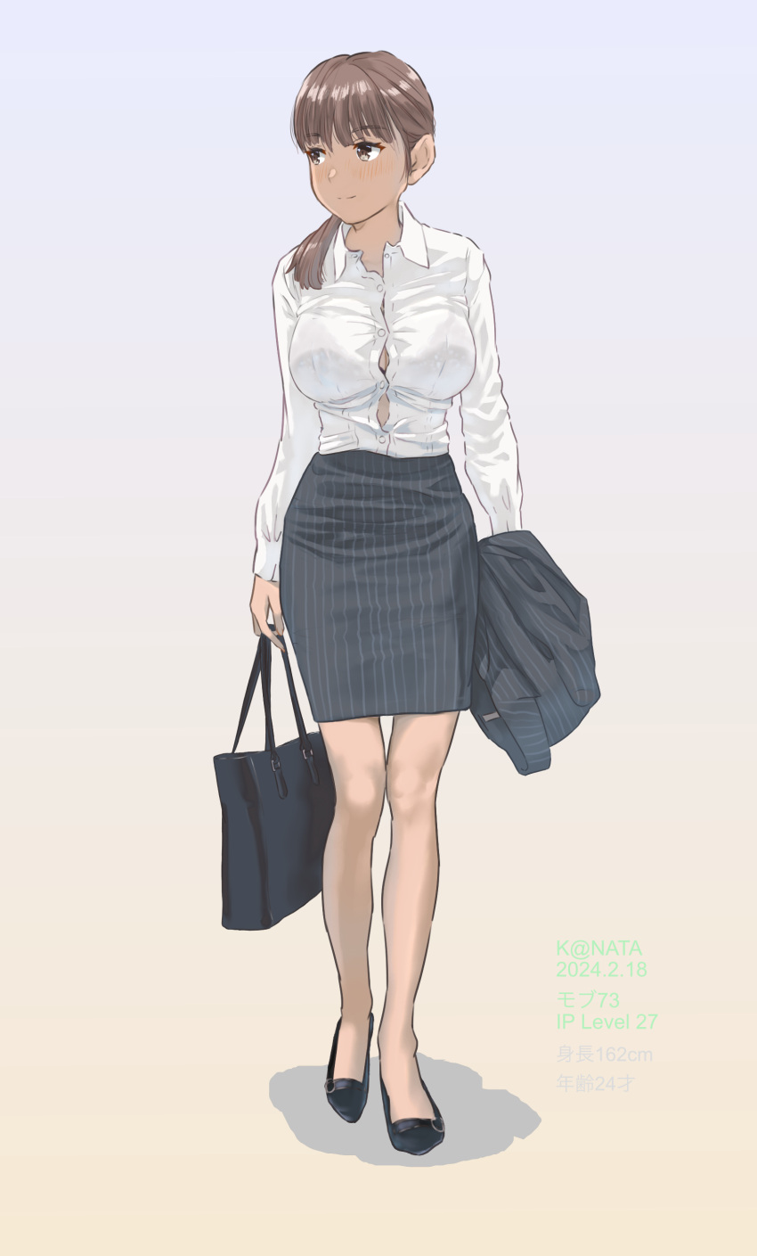 1girl absurdres bag black_bag black_footwear blush bra_visible_through_clothes brown_hair buckle button_gap collared_shirt fingernails full_body high_heels highres holding holding_bag holding_clothes long_sleeves office_lady original pencil_skirt pinstripe_pattern pinstripe_skirt pinstripe_suit ponytail shirt short_ponytail side_ponytail skirt suit thighs white_shirt y.kami_nao/take