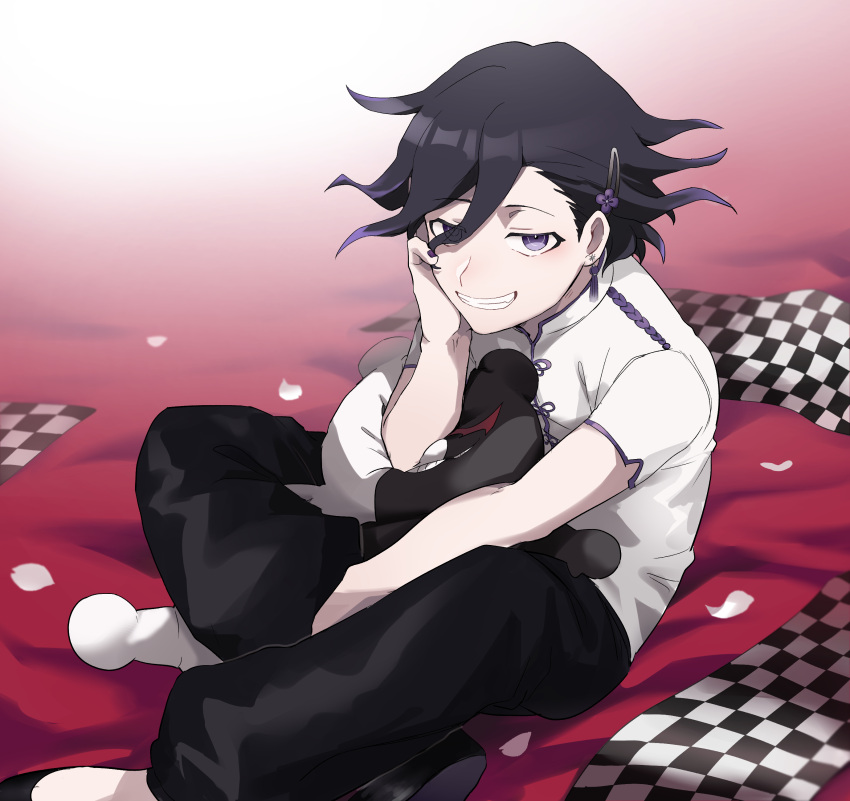 1boy a_tama_(pakpak_tkg) absurdres baggy_pants black_hair black_pants chinese_clothes commentary_request danganronpa_(series) danganronpa_v3:_killing_harmony dangle_earrings earrings flipped_hair full_body gradient_hair grin hair_between_eyes hair_ornament hairpin half-closed_eyes highres jewelry leaning_on_object looking_at_viewer male_focus monokuma multicolored_hair oma_kokichi pale_skin pants purple_eyes purple_hair shirt short_hair sitting smile solo two-tone_hair wavy_hair white_shirt