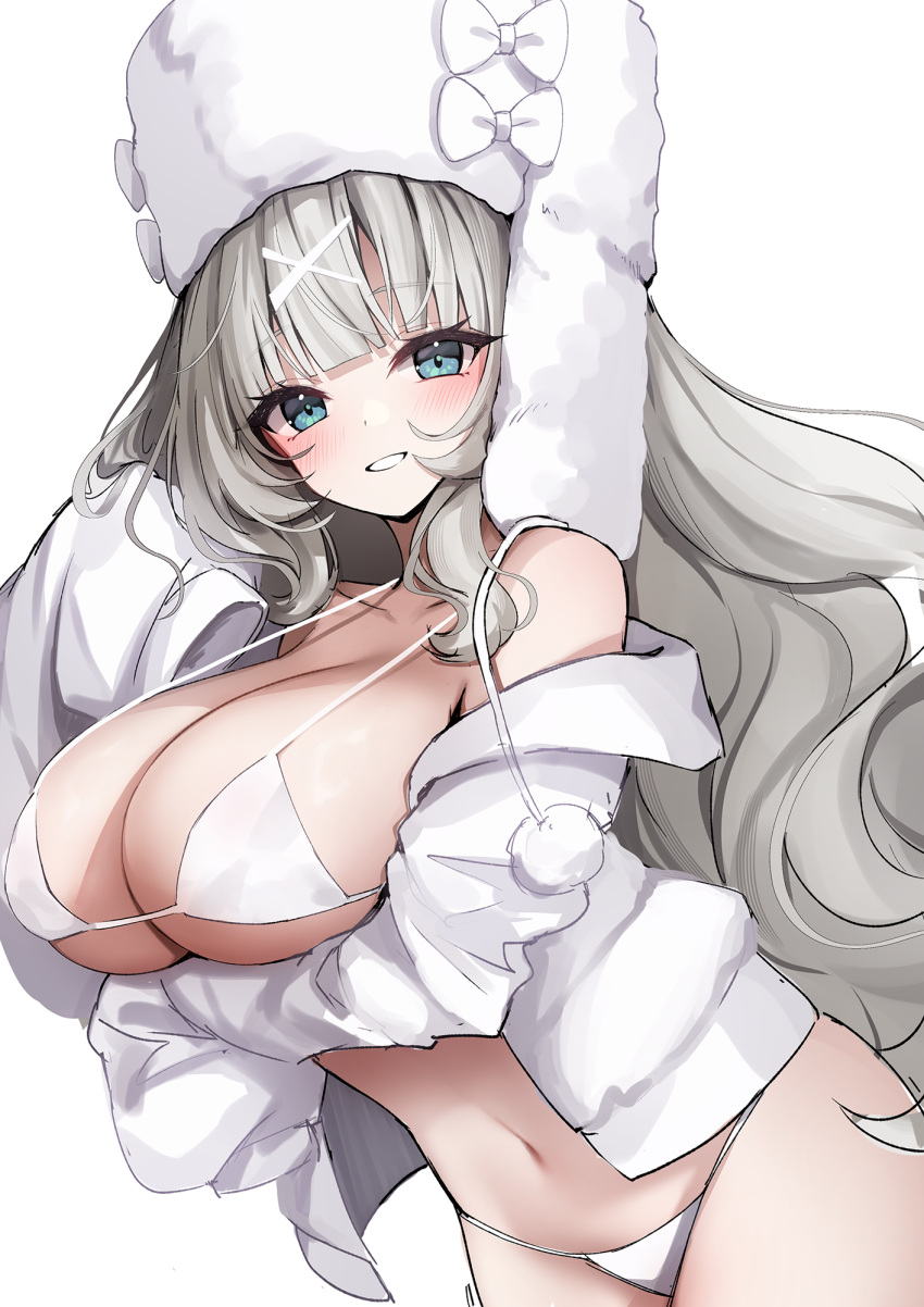 1girl ankkoyom bare_shoulders bikini blue_eyes breasts cleavage cowboy_shot drawstring fur_hat grey_hair grin hair_ornament hairclip halterneck hat highres jacket large_breasts long_hair long_sleeves looking_at_viewer navel off_shoulder open_clothes open_jacket original sleeves_past_fingers sleeves_past_wrists smile solo stomach strap_gap string_bikini swimsuit ushanka very_long_hair white_bikini white_headwear white_jacket x_hair_ornament