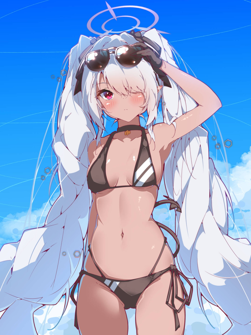 1girl armpits bikini black_bikini black_gloves black_tail blue_archive breasts cowboy_shot dark-skinned_female dark_skin day demon_tail eyewear_on_head gloves grey_hair halkawa501 halo highres iori_(blue_archive) iori_(swimsuit)_(blue_archive) long_hair navel official_alternate_costume outdoors pointy_ears purple_halo red_eyes small_breasts solo sunglasses swimsuit tail