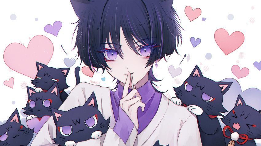 1boy :3 alternate_costume animal_ears bishounen cat cat_boy cat_ears genshin_impact highres jacket male_focus neyti_(neytirv) open_mouth purple_eyes scaramouche_(cat)_(genshin_impact) scaramouche_(genshin_impact) simple_background smile solo upper_body valentine white_background white_jacket