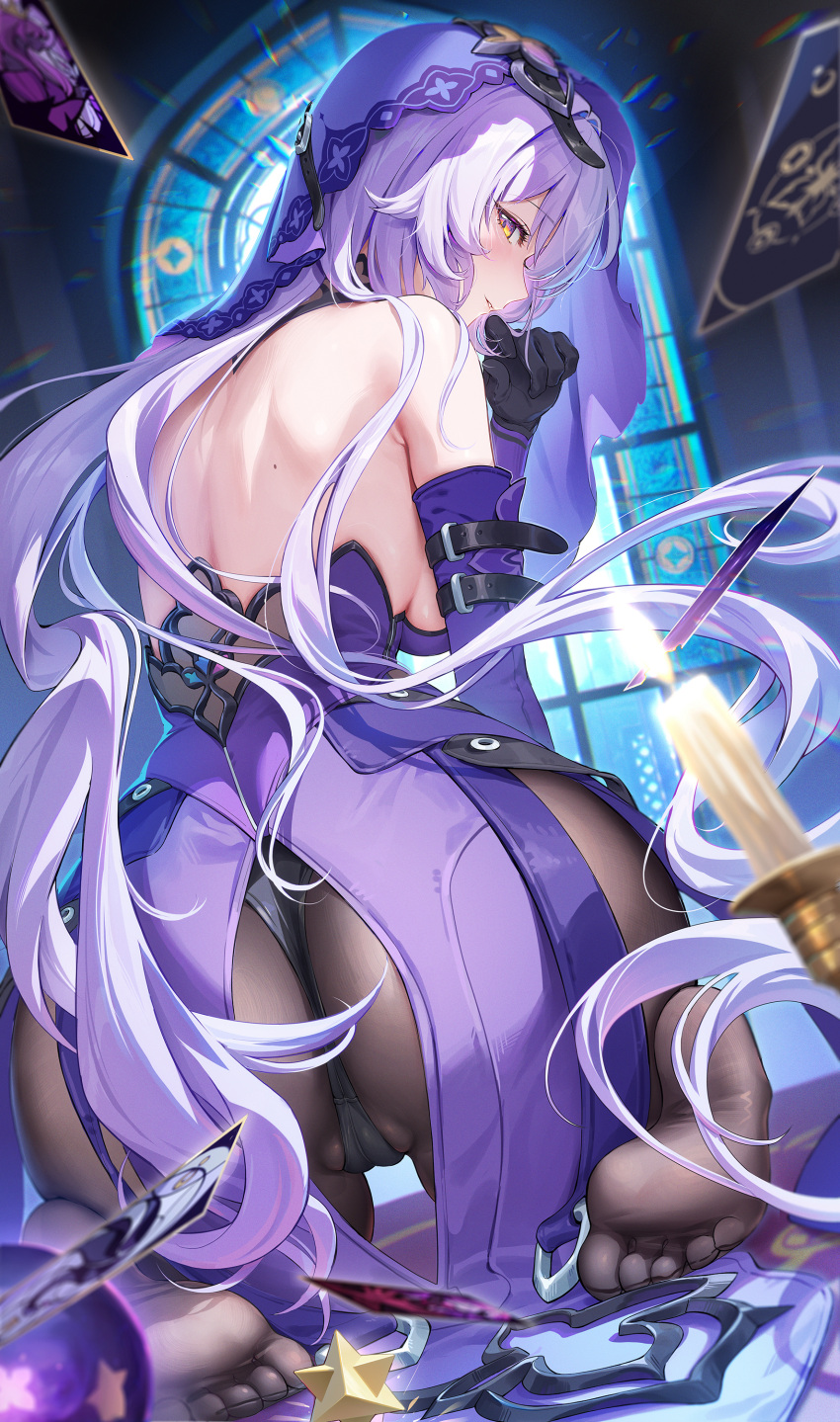 1girl absurdres ass ass_focus back backless_dress backless_outfit bare_back bare_shoulders black_gloves black_pantyhose black_swan_(honkai:_star_rail) blush cameltoe candle card detached_sleeves dress feet finger_to_mouth from_behind gloves hair_between_eyes hand_up highres honkai:_star_rail honkai_(series) houkisei indoors kneeling long_hair long_sleeves looking_at_viewer looking_back no_shoes panties panties_under_pantyhose pantyhose purple_dress shoulder_blades smile soles solo tarot tarot_(card) toes underwear veil white_hair yellow_eyes