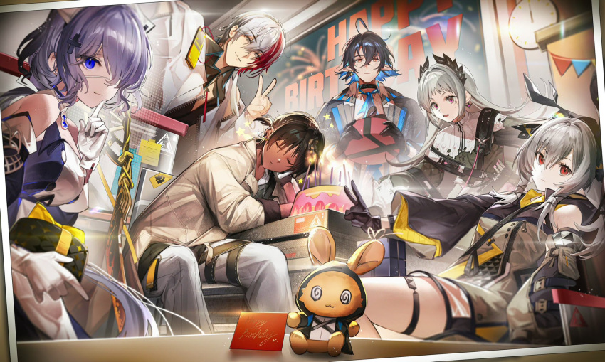 3boys 3girls ahoge arknights ascot banner belt black_dress black_gloves black_hair black_headwear black_jacket black_shirt black_sleeves blue_ascot blue_eyes blue_hair bow brown_coat cake choshanland_plushy_(arknights) clock closed_eyes coat collar colored_inner_hair commentary dark-skinned_male dark_skin detached_sleeves dress elysium_(arknights) english_commentary eyepatch feathered_wings feet_out_of_frame finger_to_mouth food gift gift_card gloves grey_hair hair_bow hair_over_one_eye happy_birthday hat head_rest highres holding holding_gift indoors infection_monitor_(arknights) irene_(arknights) jacket looking_at_viewer lumen_(arknights) medical_eyepatch multicolored_hair multiple_belts multiple_boys multiple_girls nurse_cap pants photo_(object) pienahenggou pointy_ears purple_hair red_eyes red_hair rhodes_island_logo_(arknights) scar scar_across_eye shirt short_hair sitting smile streaked_hair string_of_flags table thigh_strap thorns_(arknights) upper_body v weedy_(arknights) whisperain_(arknights) white_coat white_collar white_dress white_gloves white_headwear white_pants wings