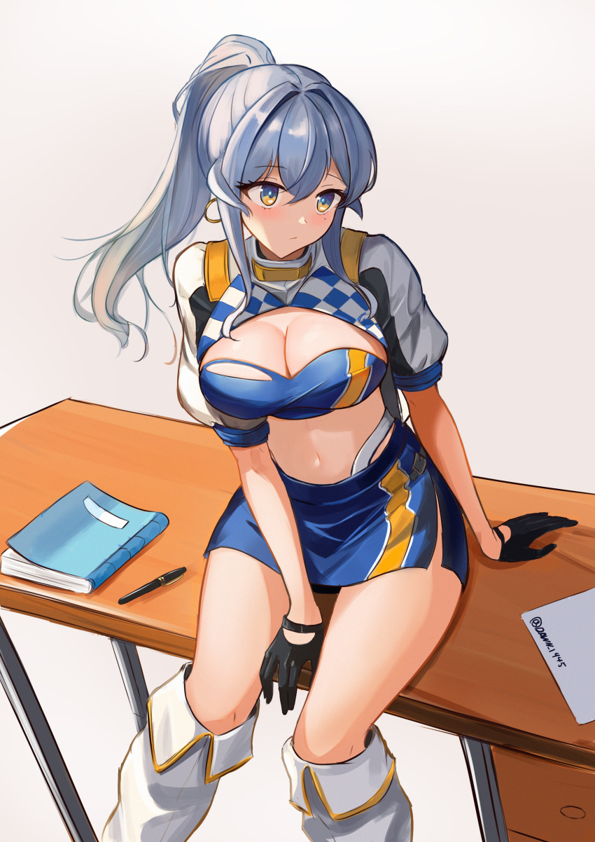 1girl absurdres bandeau blue_bandeau blue_eyes blue_hair blue_skirt blue_tube_top breasts cleavage commentary_request crop_top dawn_1945 gloves gotland_(kancolle) hair_between_eyes half_gloves highres kantai_collection large_breasts long_hair miniskirt mole mole_under_eye navel official_alternate_costume ponytail race_queen revision short_sleeves shrug_(clothing) sidelocks sitting skirt solo strapless tube_top