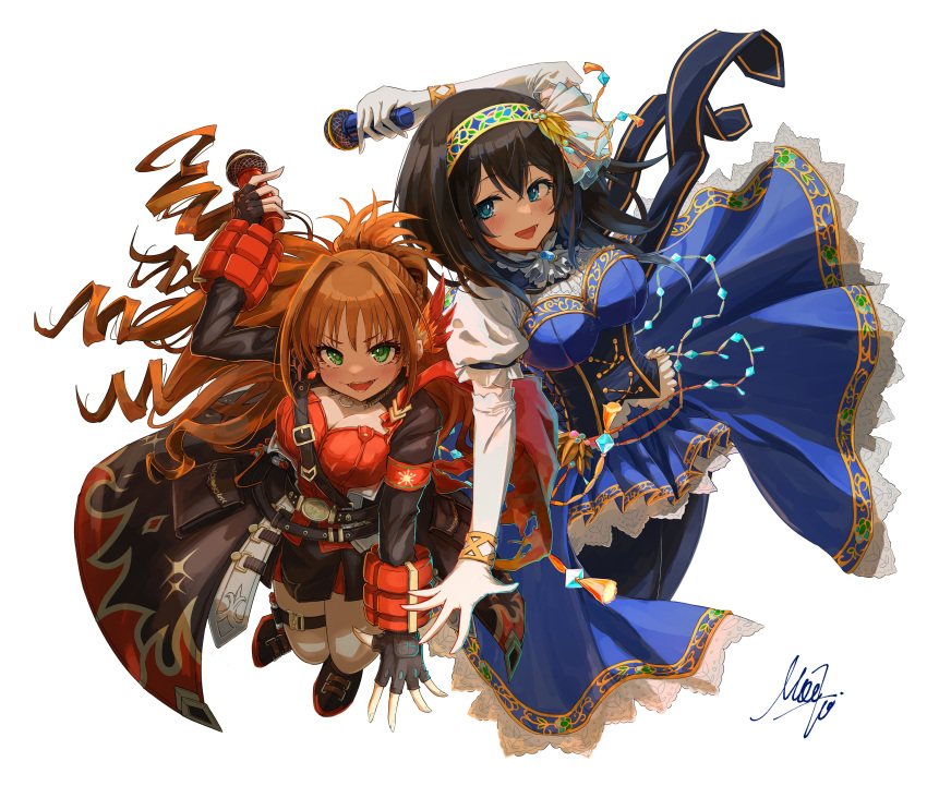 2girls :3 absurdres arm_at_side arm_up armband armor artist_name belt belt_buckle black_coat black_corset black_footwear black_gloves black_hair blue_eyes blue_pantyhose blush braid breasts brown_belt buckle buttons cleavage cleavage_cutout clothing_cutout coat collar commentary_request corset criss-cross_strings crossed_bangs dot_nose double-parted_bangs dress drill_hair earrings elbow_gloves explosive eyelashes feather_hair_ornament feathers fingerless_gloves fingernails flame_print french_braid frilled_collar frilled_dress frills from_above full_body gloves gold_tassel gold_trim green_eyes grin hair_between_eyes hair_ornament hairband height_difference high_ponytail highres hino_akane_(idolmaster) holding holding_microphone idol idol_clothes idolmaster idolmaster_cinderella_girls idolmaster_cinderella_girls_starlight_stage jewelry lace-trimmed_dress lace_trim large_breasts leather_armor long_bangs long_coat long_hair looking_at_viewer medium_bangs microphone multicolored_clothes multicolored_hairband multiple_girls official_alternate_costume official_alternate_hairstyle open_mouth orange_hair pantyhose pauldrons pocket ponytail puffy_short_sleeves puffy_sleeves red_armband red_dress sagisawa_fumika shoe_strap shoes short_dress short_sleeves shoulder_armor shoulder_strap signature simple_background single_pauldron smile standing straight_hair strap t7474 tassel tassel_earrings teeth thigh_strap thighs underbust waist_tassel white_background white_gloves