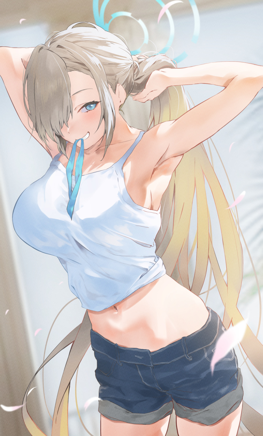 1girl arm_up asuna_(blue_archive) bare_shoulders blue_archive blue_eyes blue_shorts blush breasts camisole cleavage collarbone denim denim_shorts grin hair_over_one_eye halo highres kuu_(user_gngs5284) large_breasts light_brown_hair long_hair looking_at_viewer mouth_hold navel shorts smile solo thighs tying_hair very_long_hair white_camisole