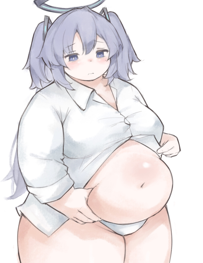 1girl acorn12_o alternate_body_size belly_grab blue_archive blue_eyes blue_hair blush breasts closed_mouth collared_shirt commentary_request cowboy_shot dot_nose fat hair_between_eyes halo highres large_breasts long_hair long_sleeves looking_at_viewer navel no_pants partially_unbuttoned shirt simple_background solo thick_thighs thighs white_background white_shirt yuuka_(blue_archive)
