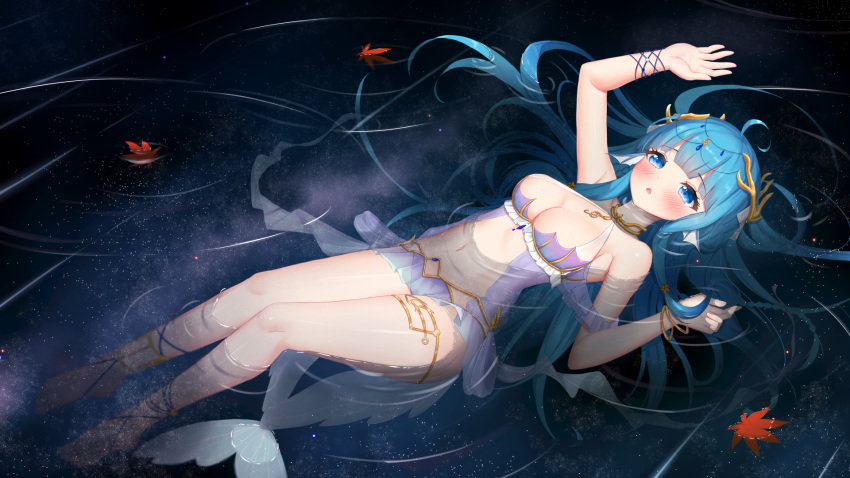 1girl afloat ahoge arms_up blue_hair blush breasts cleavage fins fish_tail hair_ornament harem_outfit head_fins highres in_water indie_virtual_youtuber jewelry large_breasts leaf long_hair maple_leaf merak_(vtuber) midriff navel neck_ring night night_sky open_mouth reflection reflective_water sky star_(sky) swimsuit tail thigh_strap thighs virtual_youtuber water white_clover_(unfy8472) wristband