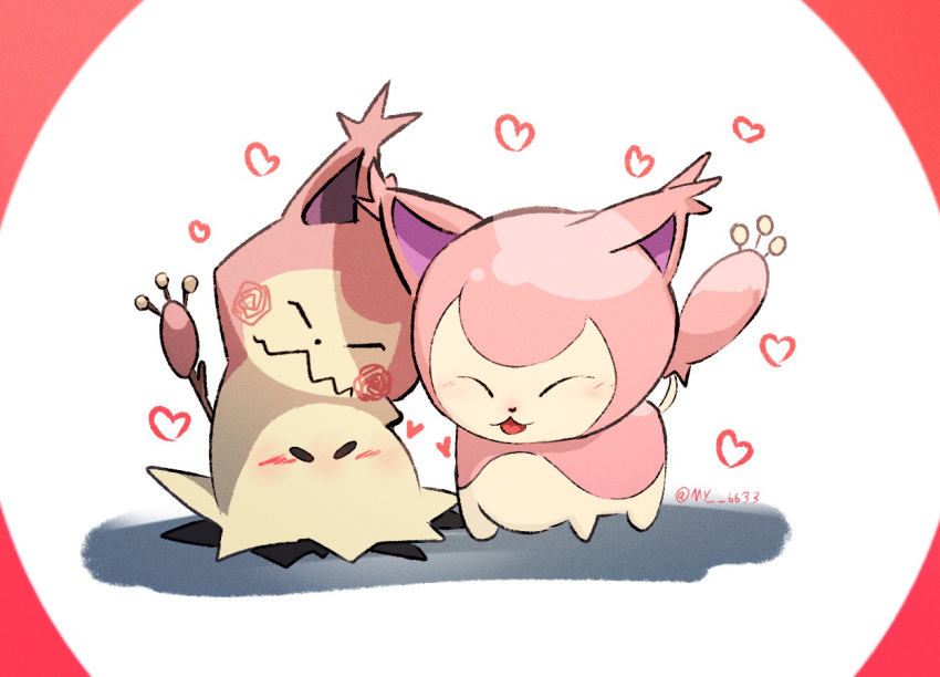 :3 ^_^ animal_focus artist_name black_eyes blush border closed_eyes commentary_request full_body happy heart mimikyu my_(my_6633) no_humans nose_blush open_mouth partial_commentary pokemon pokemon_(creature) red_border round_border signature simple_background skitty smile standing twitter_username white_background