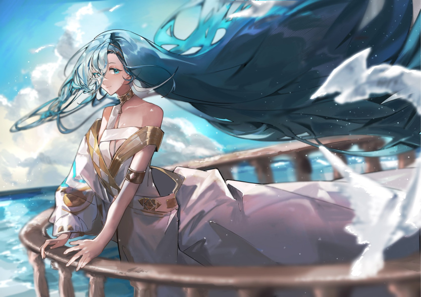 1girl 37_(reverse:1999) ancient_greek_clothes armlet bare_shoulders bird blue_eyes blue_hair blue_sky blurry blurry_background cloud cowboy_shot floating_hair gold_choker greco-roman_clothes hand_on_railing highres light_smile long_hair looking_at_viewer mimoza04040 ocean off_shoulder outdoors railing reverse:1999 single_sleeve sky solo toga very_long_hair white_bird wide_sleeves wind