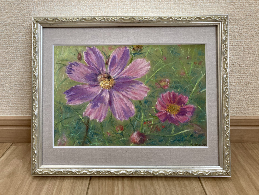 animal autumn bee bug flower grass highres no_humans norako_pastel original painting_(medium) photo_(medium) picture_frame pink_flower plant purple_flower realistic still_life traditional_media