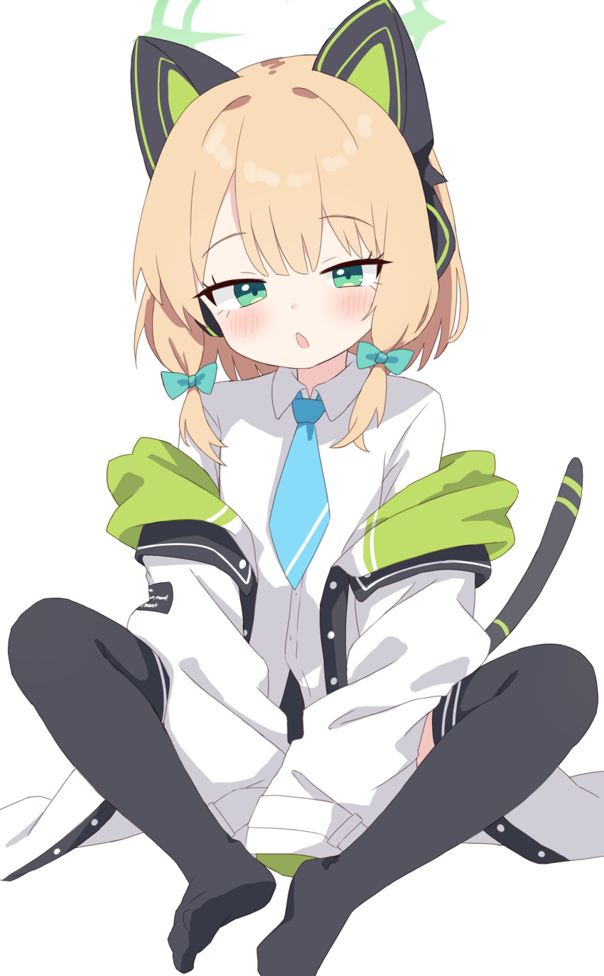 1girl absurdres animal_ear_headphones animal_ears black_thighhighs blonde_hair blue_archive blue_necktie blush bow cat_tail collared_shirt fake_animal_ears green_bow green_eyes green_halo hair_bow halo headphones highres jacket long_sleeves looking_at_viewer midori_(blue_archive) necktie open_clothes open_jacket open_mouth shirt short_hair simple_background solo tail thighhighs white_background white_jacket white_shirt yukisiannn