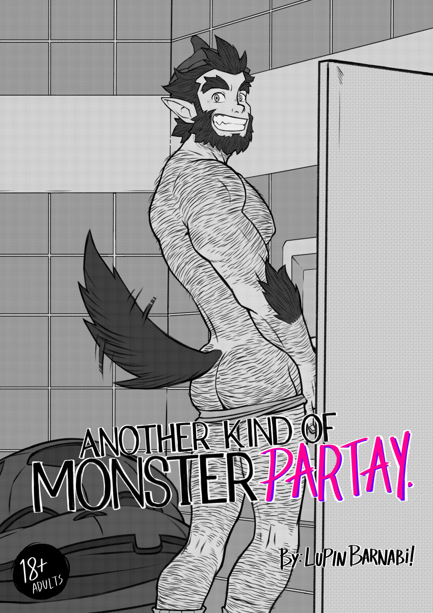 1boy absurdres animal_ears ass back_hair bara bathroom beard body_fur cover cover_page doujin_cover facial_hair feet_out_of_frame from_side full_beard greyscale grin hairy highres huge_eyebrows looking_at_viewer lupin_barnabi male_focus mature_male monochrome monster_prom muscular muscular_male nipple_hair pectorals presenting_ass scott_howl smile solo standing tail tail_wagging thick_arm_hair thick_ass_hair thick_beard thick_chest_hair thick_leg_hair toilet_use very_hairy werewolf wolf_boy wolf_ears wolf_tail