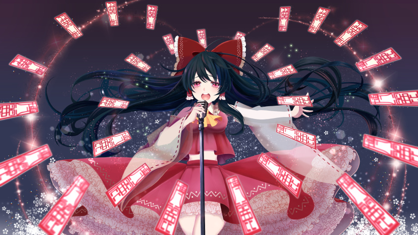 1girl absurdres alicedaina ascot black_hair bow breasts commentary_request detached_sleeves frilled_bow frilled_hair_tubes frills hair_bow hair_tubes hakurei_reimu highres long_hair microphone microphone_stand music ofuda open_mouth red_bow red_eyes red_skirt ribbon-trimmed_sleeves ribbon_trim see-through see-through_sleeves singing skirt skirt_set solo touhou very_long_hair yellow_ascot