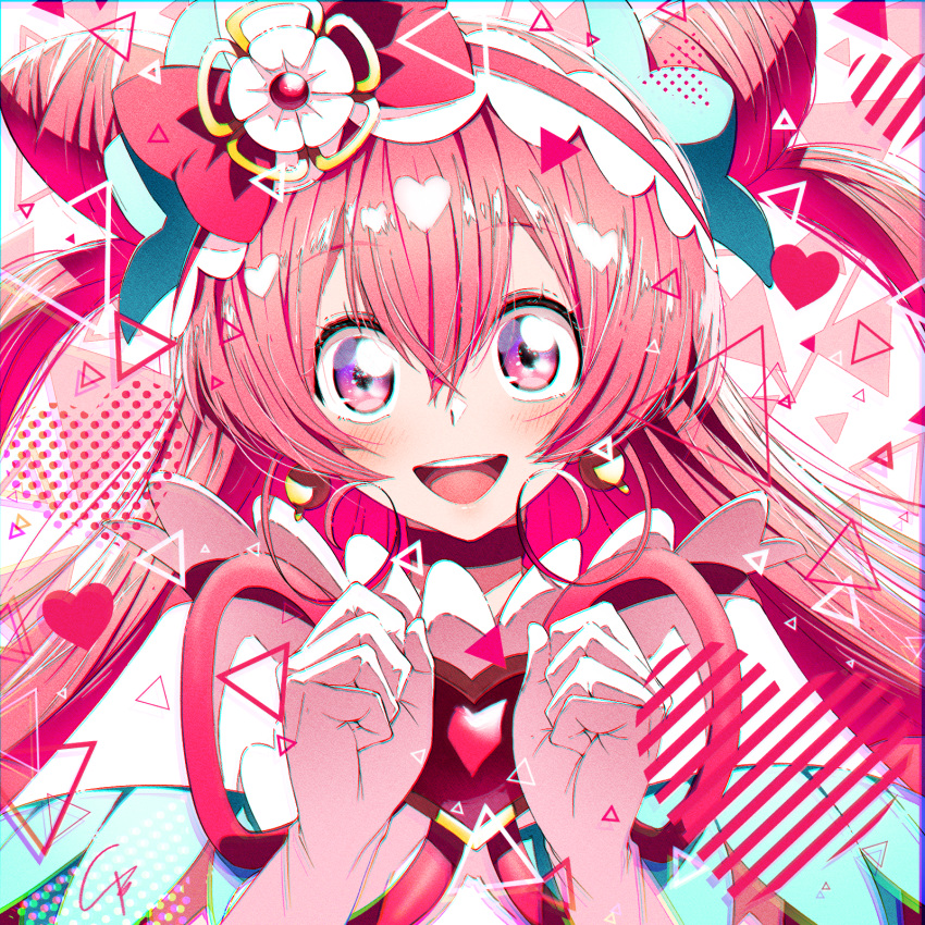 1girl 4b-enpitsu :d blush brooch chromatic_aberration commentary cone_hair_bun cure_precious delicious_party_precure english_commentary film_grain gloves hair_between_eyes hair_bun heart heart_brooch highres jewelry long_hair looking_at_viewer nagomi_yui open_mouth pink_eyes pink_hair precure signature smile solo teeth twintails upper_body upper_teeth_only white_gloves