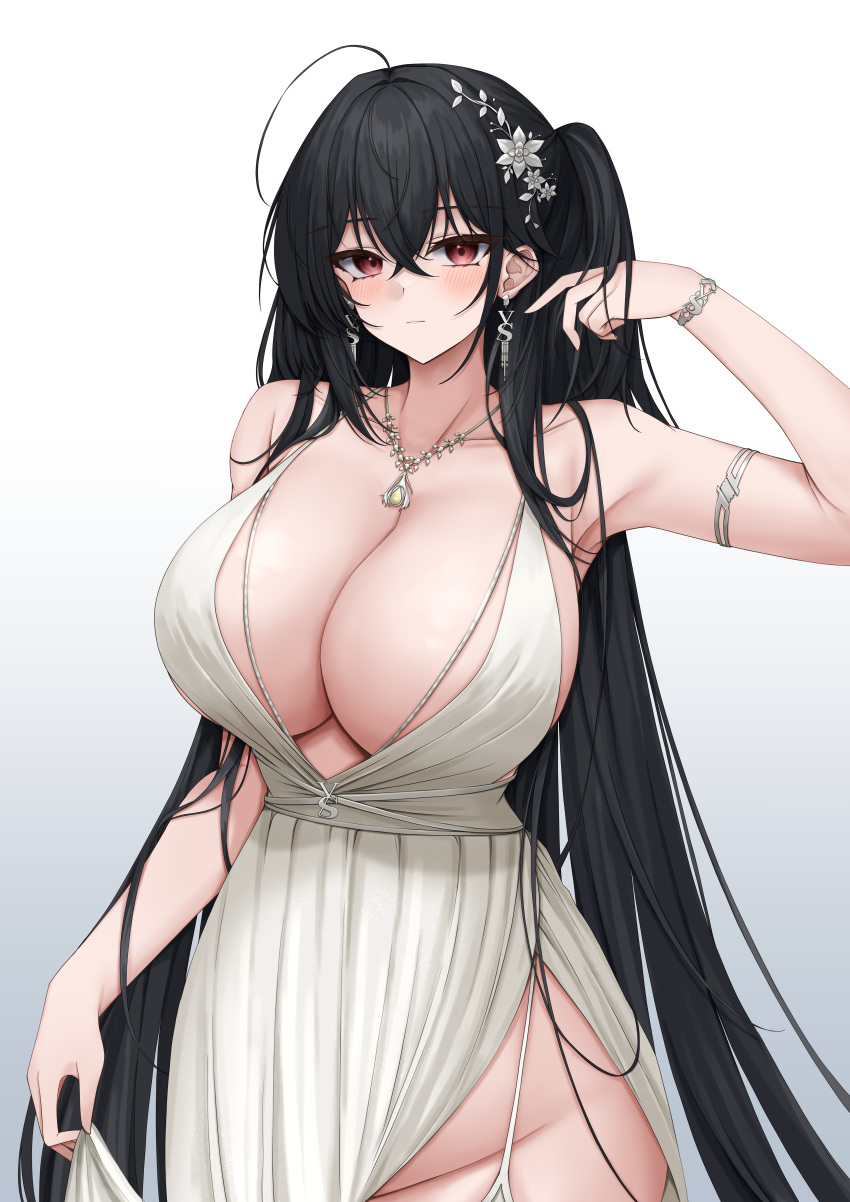 1girl absurdres ahoge azur_lane bare_shoulders black_hair blush breasts cleavage collarbone crossed_bangs dress hair_between_eyes highres huge_breasts large_breasts long_hair looking_at_viewer red_eyes solo taihou_(azur_lane) ueyama_0clock very_long_hair white_dress