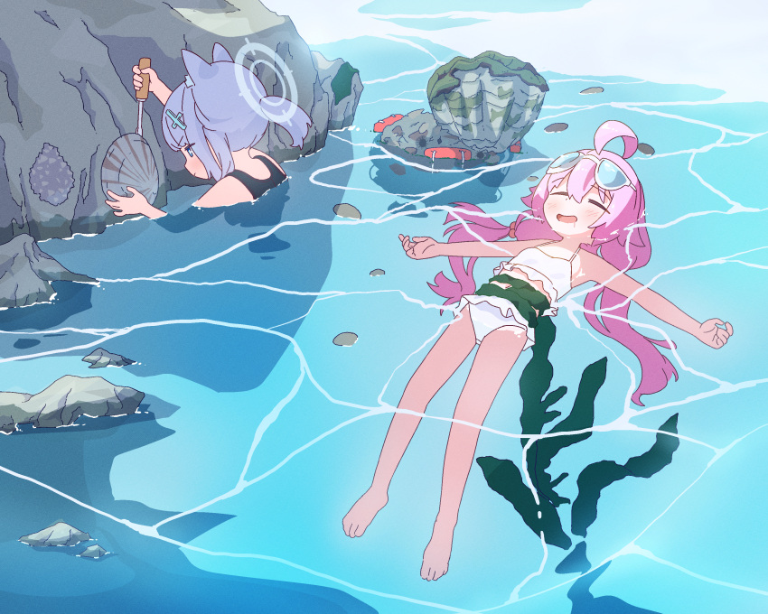 2girls absurdres animal_ear_fluff animal_ears bare_arms bare_legs bare_shoulders barefoot bikini black_one-piece_swimsuit blue_archive blue_eyes blush closed_eyes cross_hair_ornament extra_ears eyewear_on_head grey_hair hair_between_eyes hair_ornament highres hoshino_(blue_archive) hoshino_(swimsuit)_(blue_archive) long_hair medium_hair multiple_girls official_alternate_costume one-piece_swimsuit open_mouth partially_submerged pink_hair shimotsu. shiroko_(blue_archive) shiroko_(swimsuit)_(blue_archive) smile sunglasses swimsuit white_bikini wolf_ears