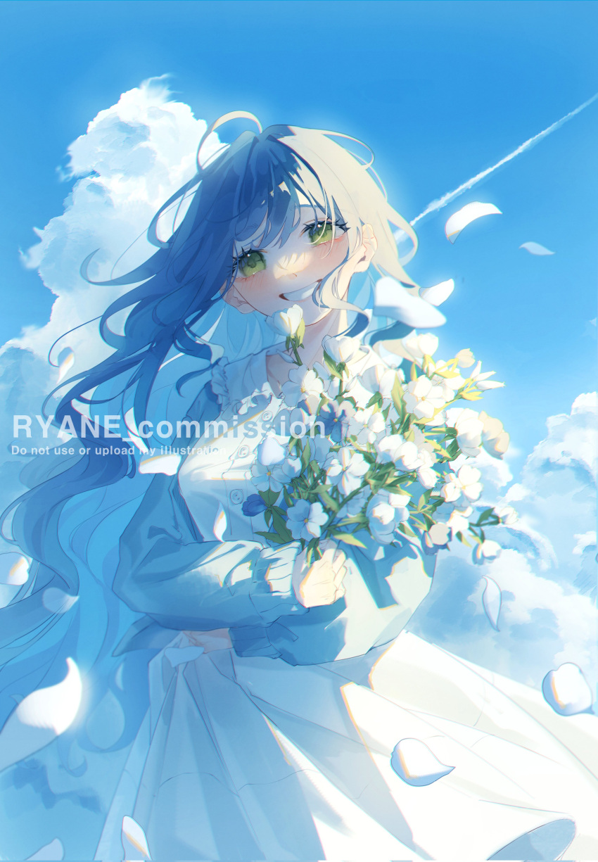 1girl absurdres ahoge blue_hair blue_sky blush bouquet clenched_teeth cloud collared_dress commission contrail corrupted_twitter_file cumulonimbus_cloud day dress english_text falling_petals flower frills green_eyes grin highres holding holding_bouquet holding_flower long_hair long_sleeves looking_at_viewer original outdoors petals ryane_(yry_0) sky smile solo teeth very_long_hair watermark white_dress white_flower