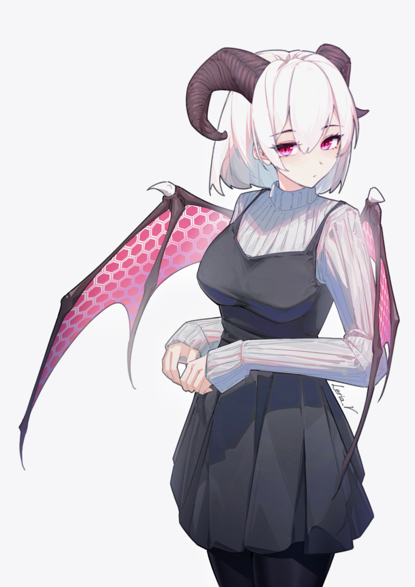 1girl absurdres black_dress commentary demon_girl demon_horns demon_wings dress grey_background hair_between_eyes highres horns leria_v long_sleeves original pantyhose pink_eyes short_hair simple_background solo sweater timestamp turtleneck turtleneck_sweater white_background white_hair white_sweater wings