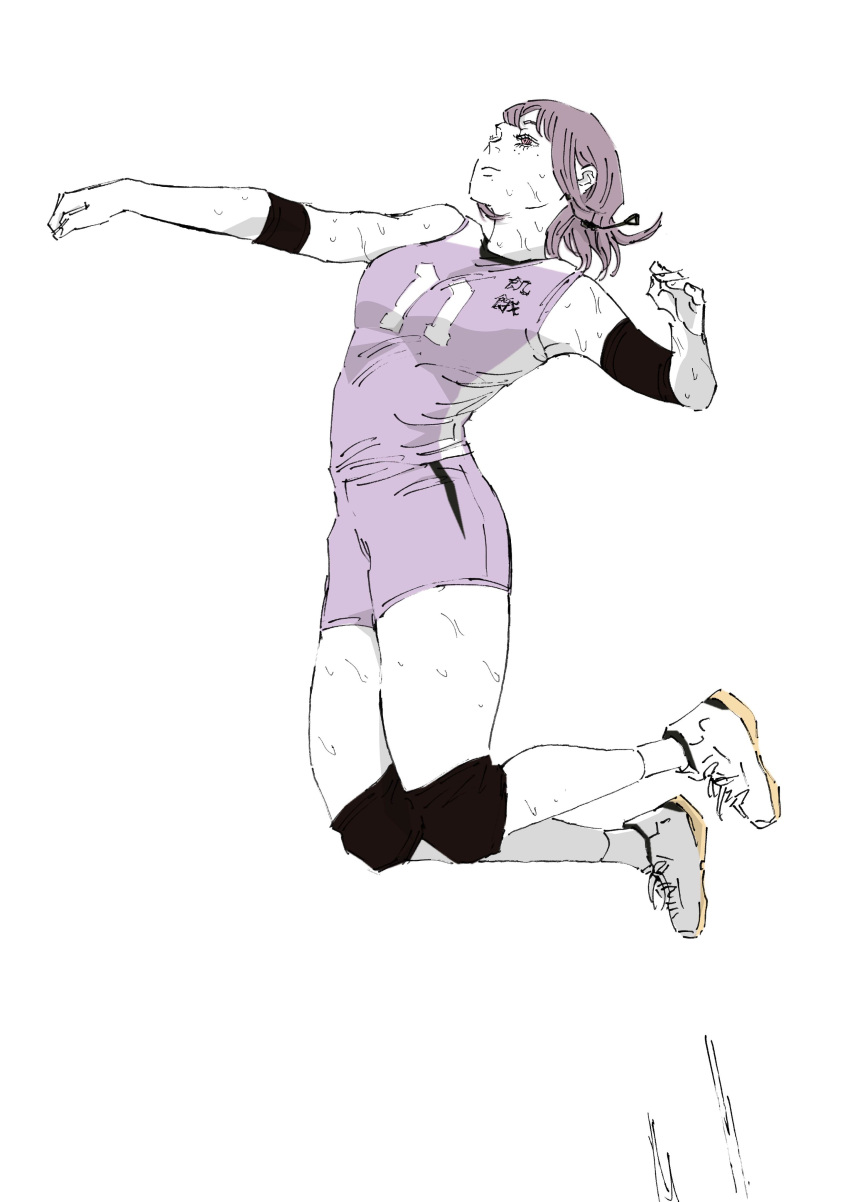 1girl absurdres armband chainsaw_man earrings expressionless fami_(chainsaw_man) highres jersey jewelry jumping knee_pads limited_palette medium_hair motion_lines pink_shorts purple_hair senaka_look shoes shorts sneakers solo sportswear sweat volleyball_uniform