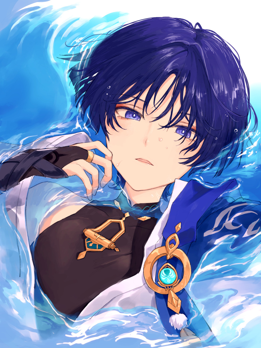 1boy absurdres bishounen genshin_impact highres japanese_clothes looking_at_viewer male_focus open_mouth parted_lips purple_eyes purple_hair scaramouche_(genshin_impact) short_hair skinsuit solo upper_body vision_(genshin_impact) wanderer_(genshin_impact) water wet wet_hair yamabuki_(yamabuki_xxxxx)