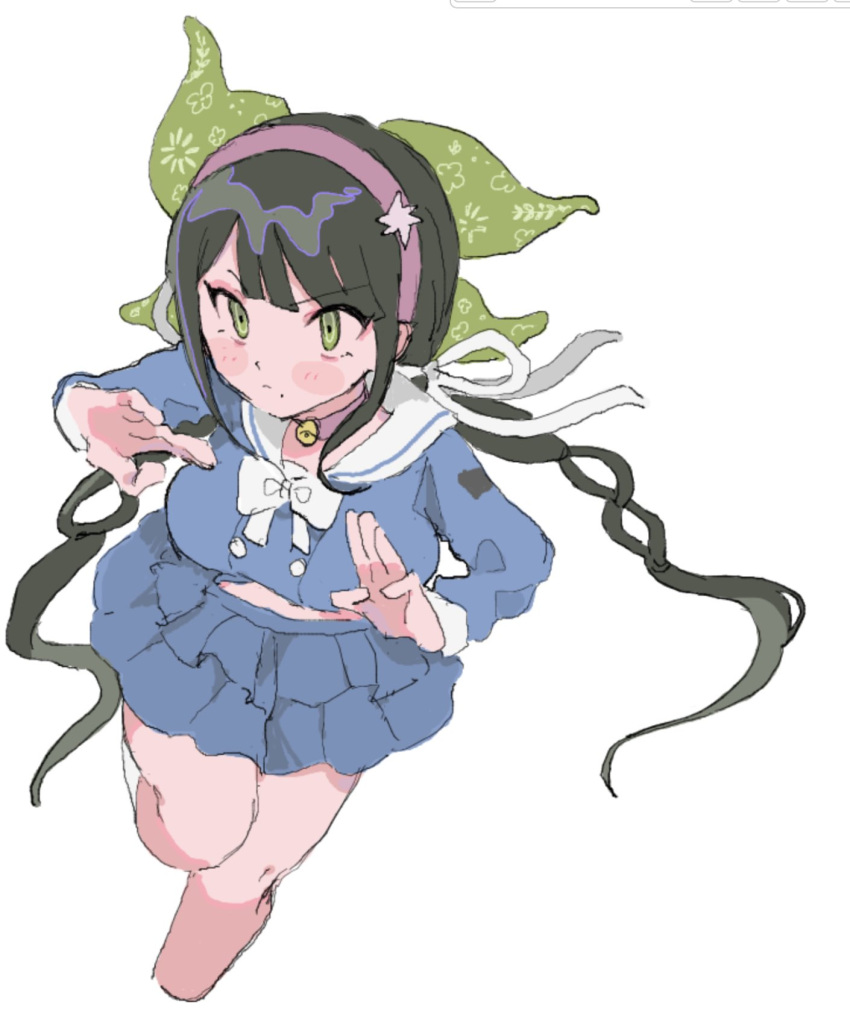 1girl bell black_hair blush bow bowtie chabashira_tenko choker choppy_bangs danganronpa_(series) danganronpa_v3:_killing_harmony fighting_stance frilled_skirt frills green_eyes hairband highres jjkf2874 long_hair looking_ahead low_twintails mole mole_under_mouth neck_bell pink_choker pink_hairband pinwheel_hair_ornament running school_uniform sketch skirt solo twintails very_long_hair white_background white_bow white_bowtie