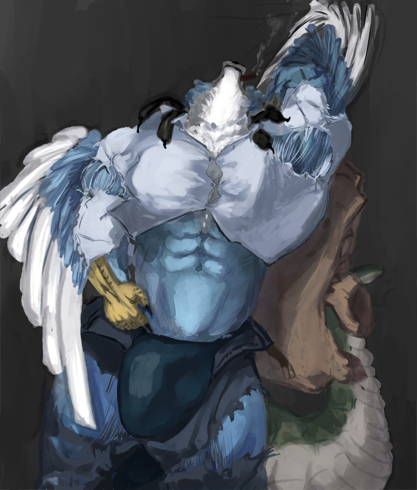 anthro big_musclea bulge canid canine chimera chojuro_kon claws clothing drakei growth hi_res male mammal muscle_growth muscular muscular_male solo torn_clothing wings