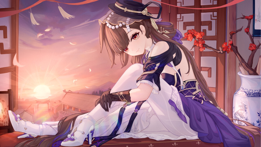 1girl bare_shoulders black_gloves black_headwear blackheart` boots brown_eyes brown_hair chinese_commentary closed_mouth commentary_request dress gloves hat high_heel_boots high_heels highres honkai_(series) honkai_impact_3rd indoors li_sushang li_sushang_(jade_knight) long_hair looking_at_viewer official_alternate_costume pantyhose purple_dress sitting sky smile solo sun sunset very_long_hair white_footwear white_pantyhose window