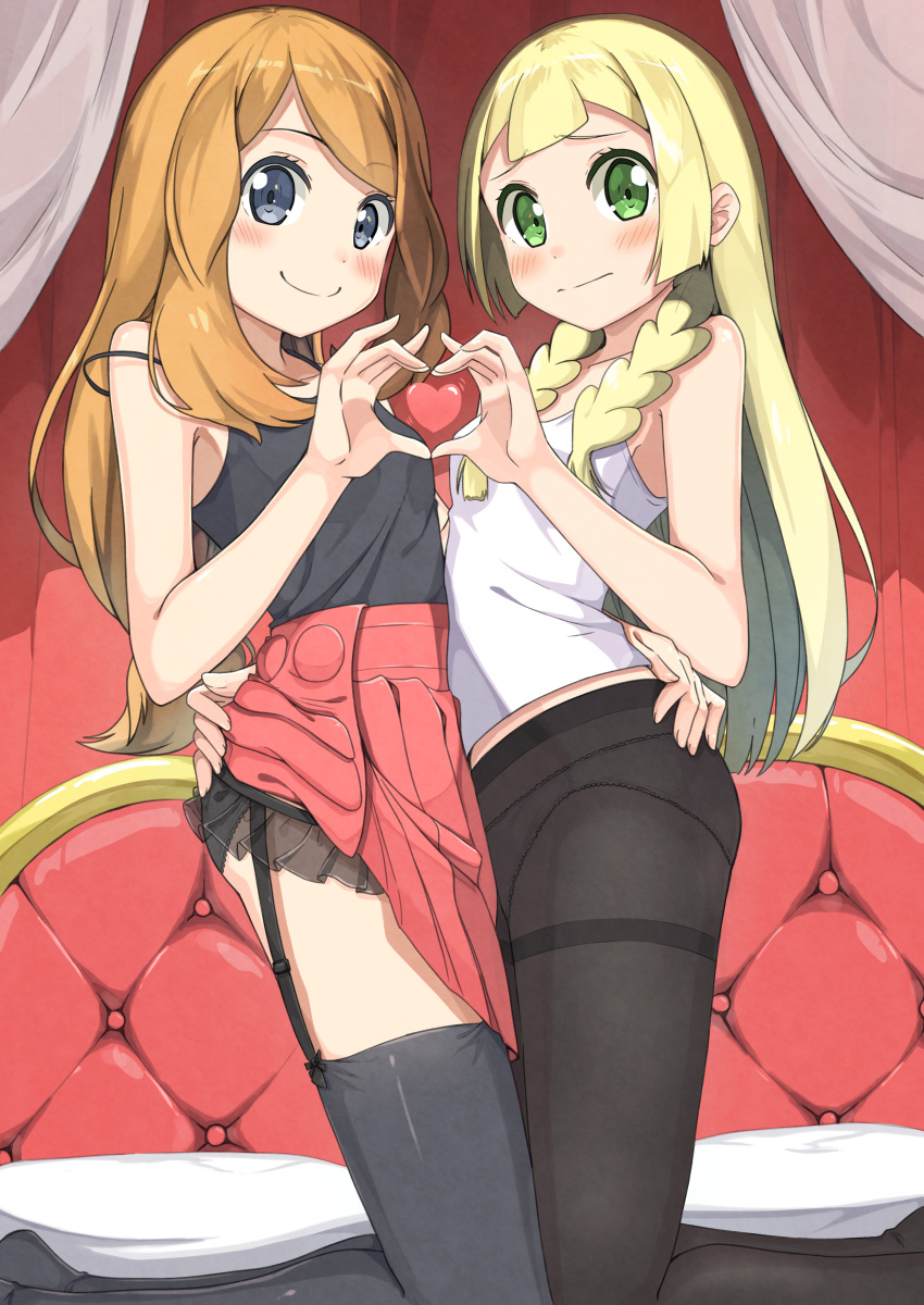 2girls absurdres black_eyes black_garter_straps black_pantyhose black_shirt black_thighhighs blonde_hair blush braid breasts brown_hair garter_straps green_eyes heart heart_hands heart_hands_duo highres lillie_(pokemon) long_hair looking_at_viewer multiple_girls negimiso1989 pantyhose pokemon pokemon_sm pokemon_xy red_skirt serena_(pokemon) shirt skirt small_breasts smile solo thighhighs twin_braids white_shirt