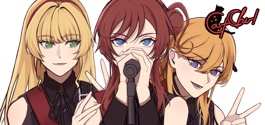 3girls black_jacket black_ribbon blonde_hair blue_eyes catchu!_(love_live!) collared_jacket commentary_request distortion_(love_live!) green_eyes group_name hair_bun hairband hand_on_another's_shoulder heanna_sumire highres holding holding_microphone jacket long_hair looking_at_another looking_at_viewer love_live! love_live!_superstar!! medium_hair microphone microphone_stand multiple_girls neck_ribbon open_mouth orange_hair purple_eyes red_hair red_hairband ribbon shibuya_kanon sidelocks single_side_bun sleeveless sleeveless_jacket upper_body v yeyep0911 yoneme_mei