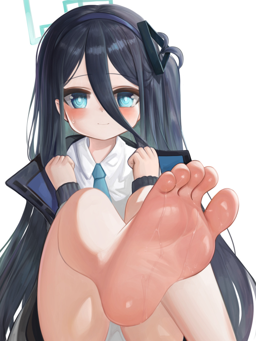 1girl absurdly_long_hair aris_(blue_archive) ass barefoot black_hair black_hairband blue_archive blue_eyes blush closed_mouth collared_shirt dokomon green_halo hairband halo highres jacket long_hair long_sleeves looking_at_viewer one_side_up panties ringed_eyes shirt simple_background soles solo toes two-sided_fabric two-sided_jacket underwear very_long_hair white_background white_jacket white_panties white_shirt