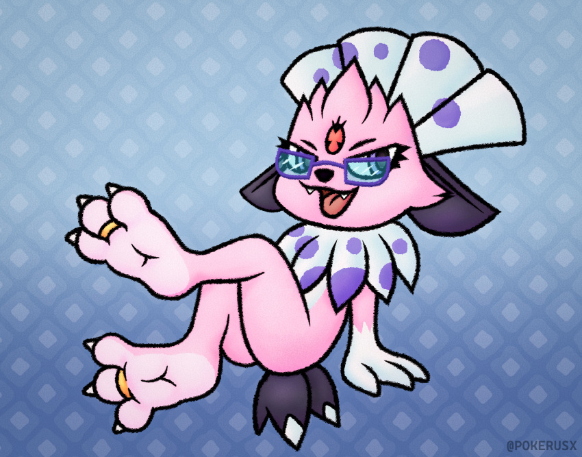 3_toes blue_eyes claws digit_ring eyewear fangs feet foot_focus fur gem generation_4_pokemon glasses hi_res jewelry kerolink looking_at_viewer male nintendo open_mouth paws pink_body pink_fur pokemon pokemon_(species) pokerus10 ring simple_background smile soles solo teeth toe_claws toe_ring toes tongue weavile