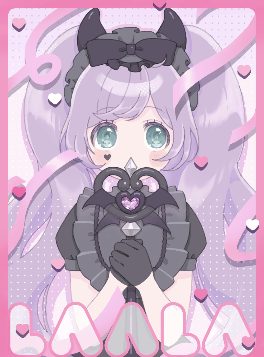 1girl absurdres black_dress black_gloves blush_stickers border character_name dress facial_mark fake_horns gloves green_eyes hairband heart heart_facial_mark highres holding holding_wand horns lolita_hairband long_hair looking_at_viewer manaka_laala pink_border pretty_series pripara purple_hair short_sleeves solo uxu_uxa_axa very_long_hair wand