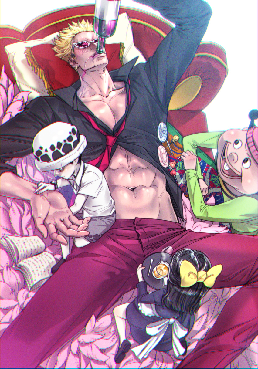 1girl 3boys abs aged_down baby_5 black_hair black_shirt book bottle buck_teeth buffalo_(one_piece) candy donquixote_doflamingo drinking eg_(eastg111) food from_above highres holding holding_bottle looking_at_another lying multiple_boys muscular muscular_male on_bed one_piece pale_skin partially_unbuttoned pectoral_cleavage pectorals shirt short_hair sitting sunglasses teeth tinted_eyewear trafalgar_law white-framed_eyewear