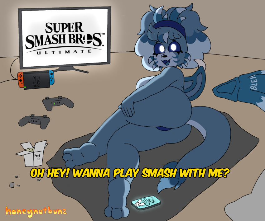 anthro big_breasts big_butt breasts butt butt_focus clothed clothing controller dragon feet female foot_focus frankie_(honibnuuy) fur furred_dragon game_controller hand_on_leg hi_res honibnuuy horn huge_butt lying mythological_creature mythological_scalie mythology nintendo nintendo_controller nintendo_switch on_ground on_side scalie solo speech_bubble super_smash_bros. super_smash_bros._ultimate thick_thighs topless underwear underwear_only wings