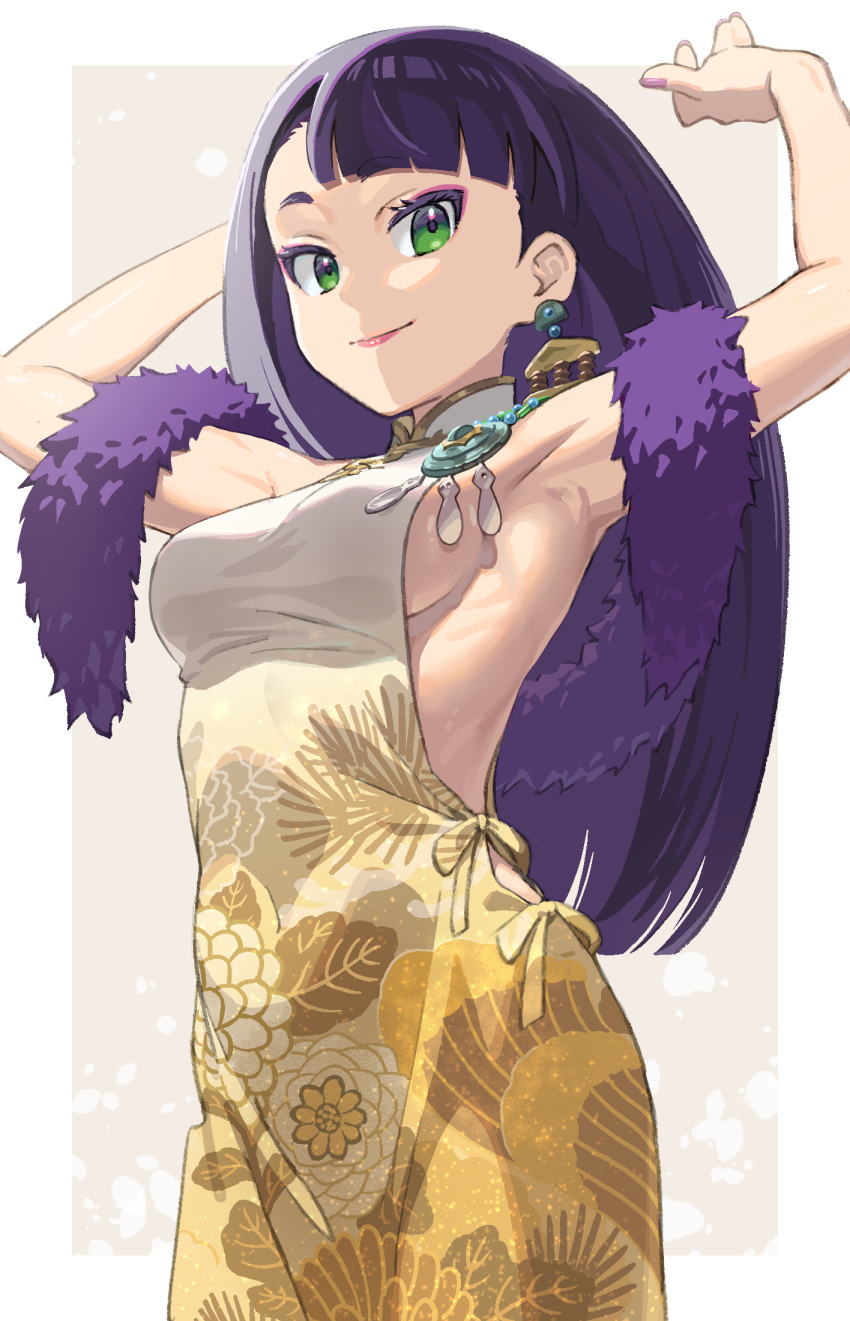 1girl armpits asymmetrical_bangs breasts cowboy_shot dress earrings eyeshadow feather_boa from_below gradient_dress green_eyes highres jewelry lips long_hair looking_at_viewer makeup medium_breasts mya-zawa napier's_sister purple_hair red_eyeshadow sekaiju_no_meikyuu sekaiju_no_meikyuu_3 sideboob smile white_dress yellow_dress