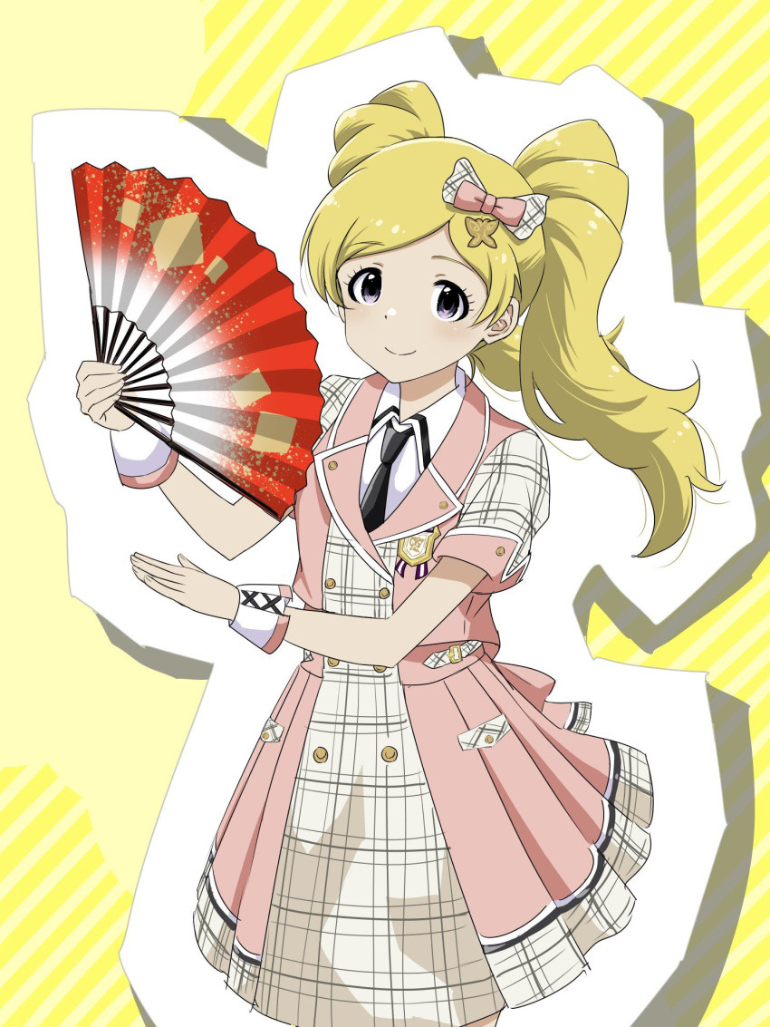 1girl black_necktie blonde_hair butterfly_hair_ornament buttons collar cowboy_shot dot_nose dress emily_stewart eyelashes fluffy_hair folding_fan hair_ornament hair_ribbon hand_fan highres holding holding_fan idolmaster idolmaster_million_live! idolmaster_million_live!_theater_days light_smile long_hair matcha_kingyo necktie official_alternate_costume parted_bangs pink_dress plaid plaid_dress pleated_skirt pocket purple_eyes ribbon short_sleeves sidelocks skirt solo twintails white_collar wrist_cuffs