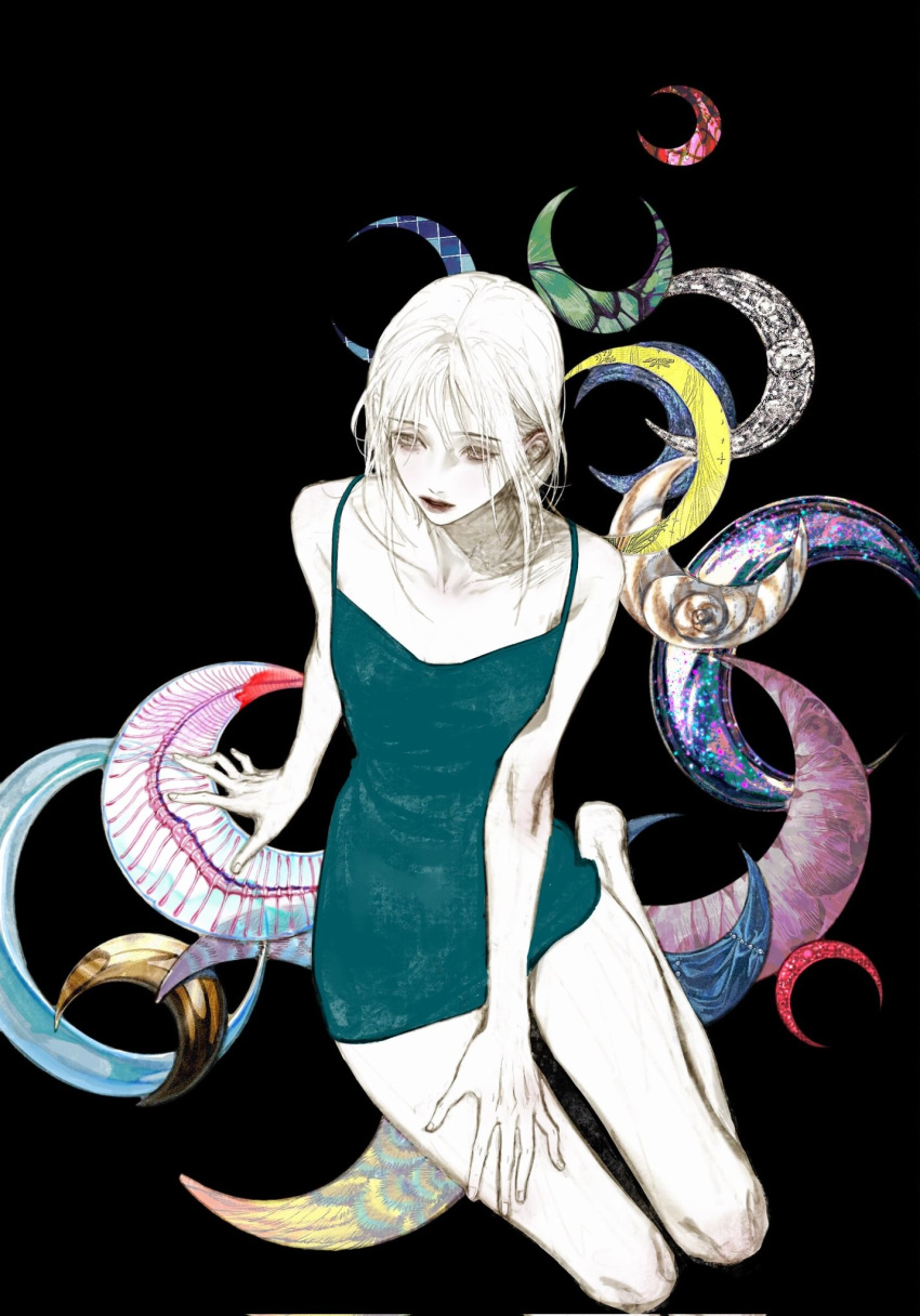 1girl acyantree arm_support bare_arms bare_legs bare_shoulders barefoot black_background blue_dress closed_mouth collarbone crescent dress full_body highres mole original pale_skin red_lips short_dress short_hair simple_background sitting sleeveless sleeveless_dress solo tentacles white_hair yokozuwari