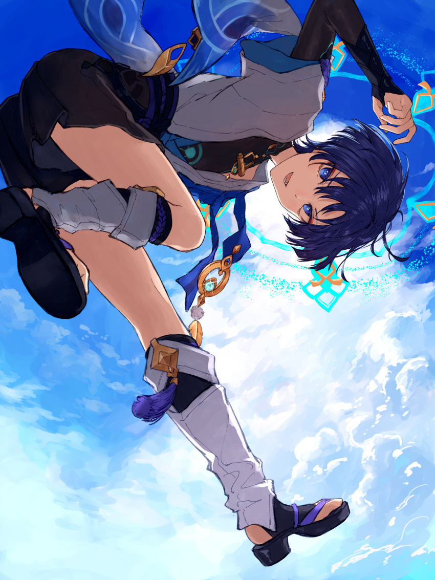 1boy absurdres bishounen blue_eyes blue_sky from_below full_body genshin_impact halo highres japanese_clothes jumping looking_at_viewer male_focus open_mouth sandals scaramouche_(genshin_impact) shorts sky solo thighs vision_(genshin_impact) wanderer_(genshin_impact) yamabuki_(yamabuki_xxxxx)