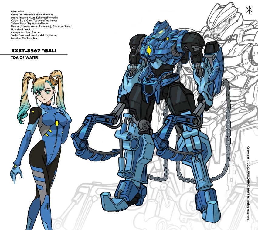1girl 2022 absurdres apoloniodraws artist_name assault_visor bionicle black_bodysuit blonde_hair blue_bodysuit blue_gloves blue_ribbon bodysuit breasts chain character_name commission dual_wielding gali_(bionicle) gloves glowing glowing_eye gradient_hair green_eyes hair_behind_ear hair_ribbon hand_on_own_shoulder head_tilt highres holding holding_weapon long_hair looking_at_viewer mecha mechanization medium_breasts multicolored_bodysuit multicolored_clothes multicolored_hair open_hand original pilot_suit ribbon robot smile the_lego_group twintails walking weapon yellow_eyes