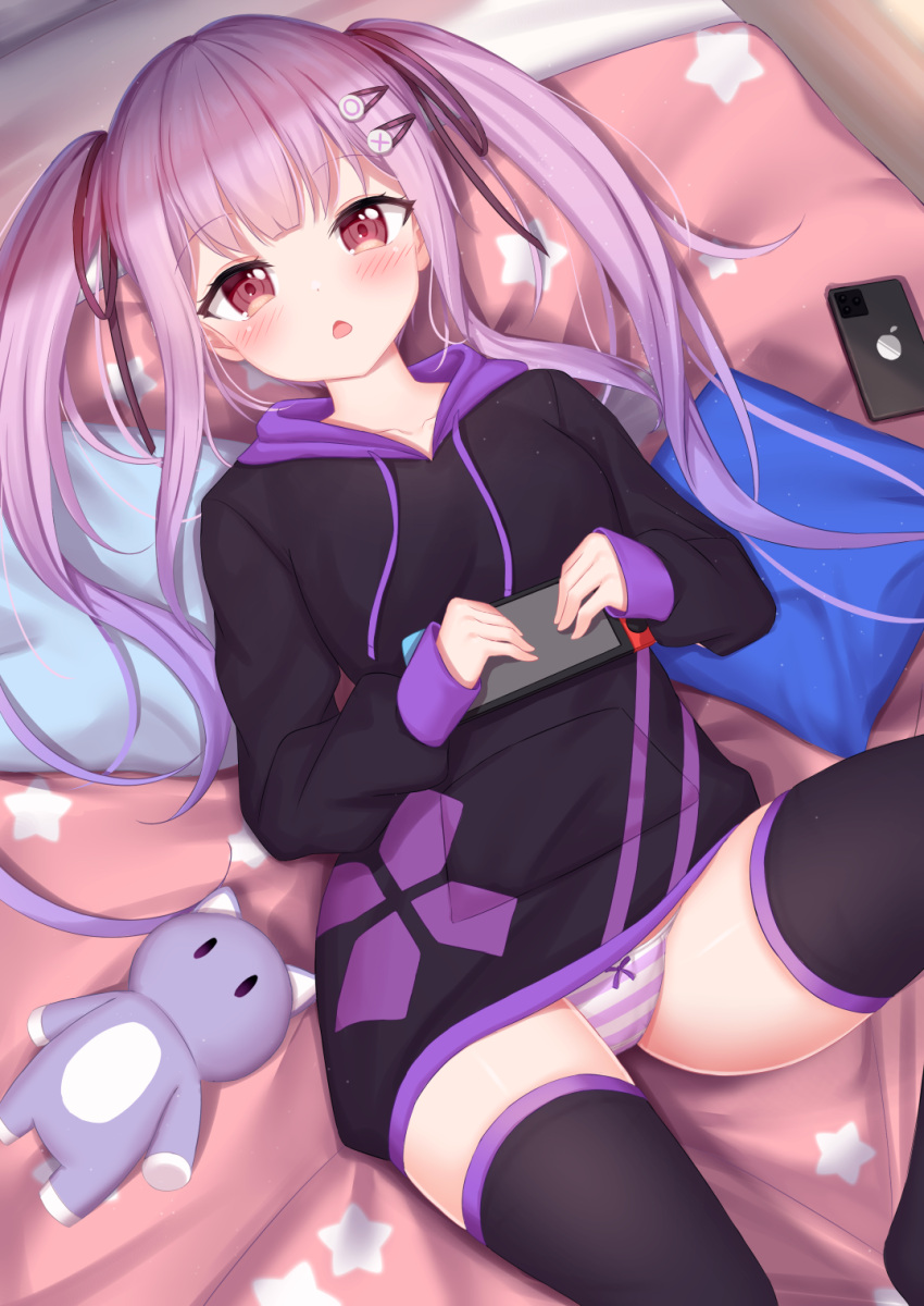 black_hoodie black_thighhighs blush cellphone commission game_controller_print hair_ornament hair_ribbon hairclip highres hood hoodie long_sleeves lying nintendo_switch no_pants open_mouth original panties phone purple_hair red_eyes ribbon smartphone striped_clothes striped_panties stuffed_animal stuffed_toy thighhighs thighs twintails underwear white_clover_(unfy8472)