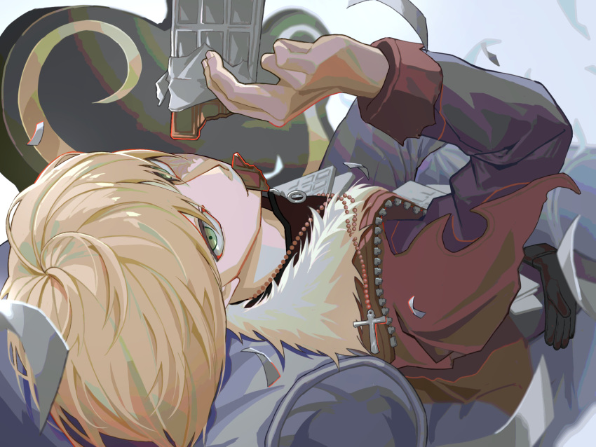 1boy bead_necklace beads blonde_hair candy chocolate chocolate_bar commentary couch cross cross_necklace death_note eating food food_in_mouth fur-trimmed_jacket fur_trim gloves green_eyes highres holding holding_food jacket jewelry looking_at_viewer lying male_focus mello_(death_note) necklace on_back on_couch short_hair solo symbol-only_commentary unworn_gloves user_tjwf7547