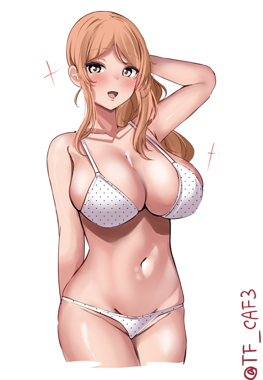 1girl blonde_hair blush bra breasts brown_eyes brown_hair cowboy_shot hair_between_eyes highres kantai_collection large_breasts littorio_(kancolle) long_hair looking_at_viewer navel one-hour_drawing_challenge open_mouth panties polka_dot ponytail smile solo sparkle tf_cafe twitter_username underwear wavy_hair white_background white_bra white_panties
